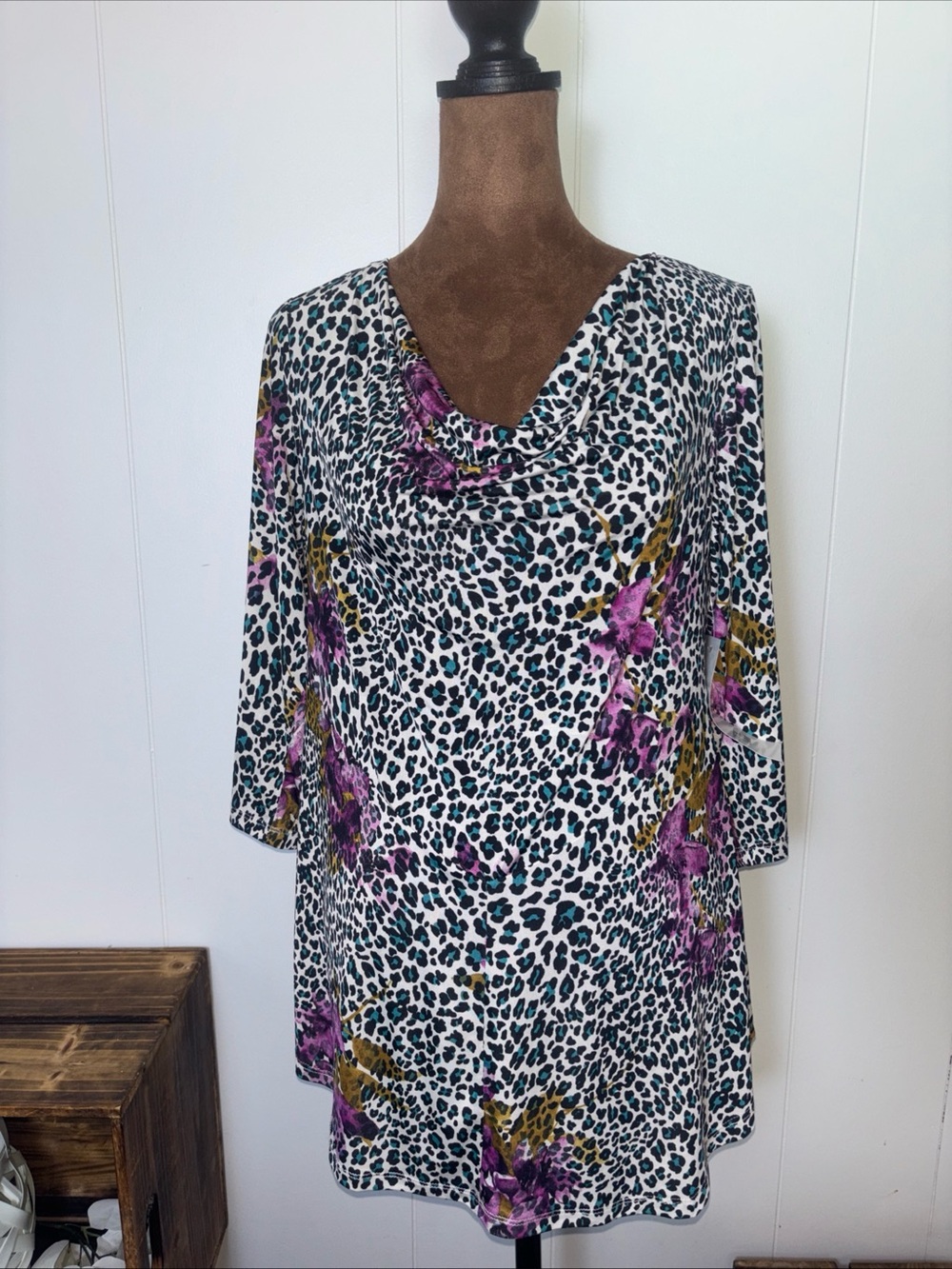 Southern Lady Leopard Print Top 3/4 Sleeves Turquoise/BLK/Purple Size Small NWT